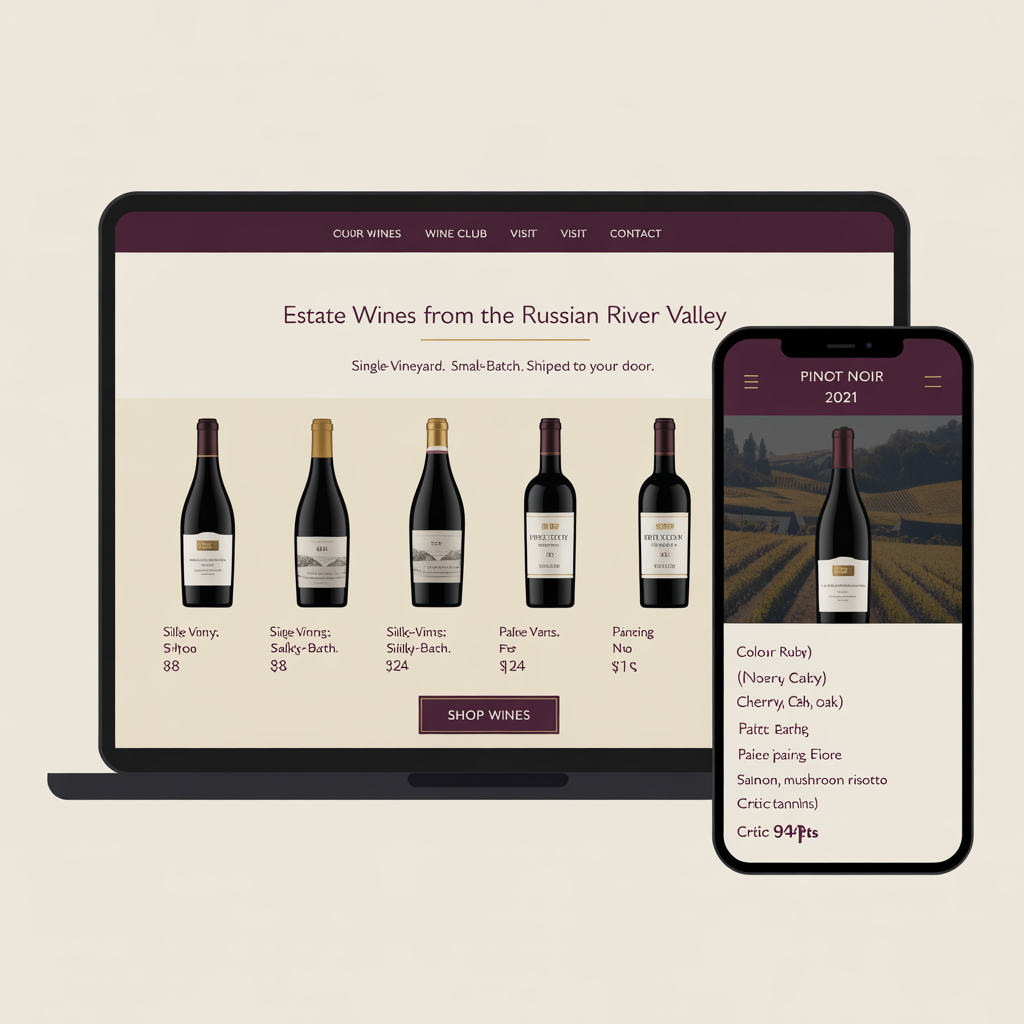 Wine brand website with vintage catalog and wine club subscription