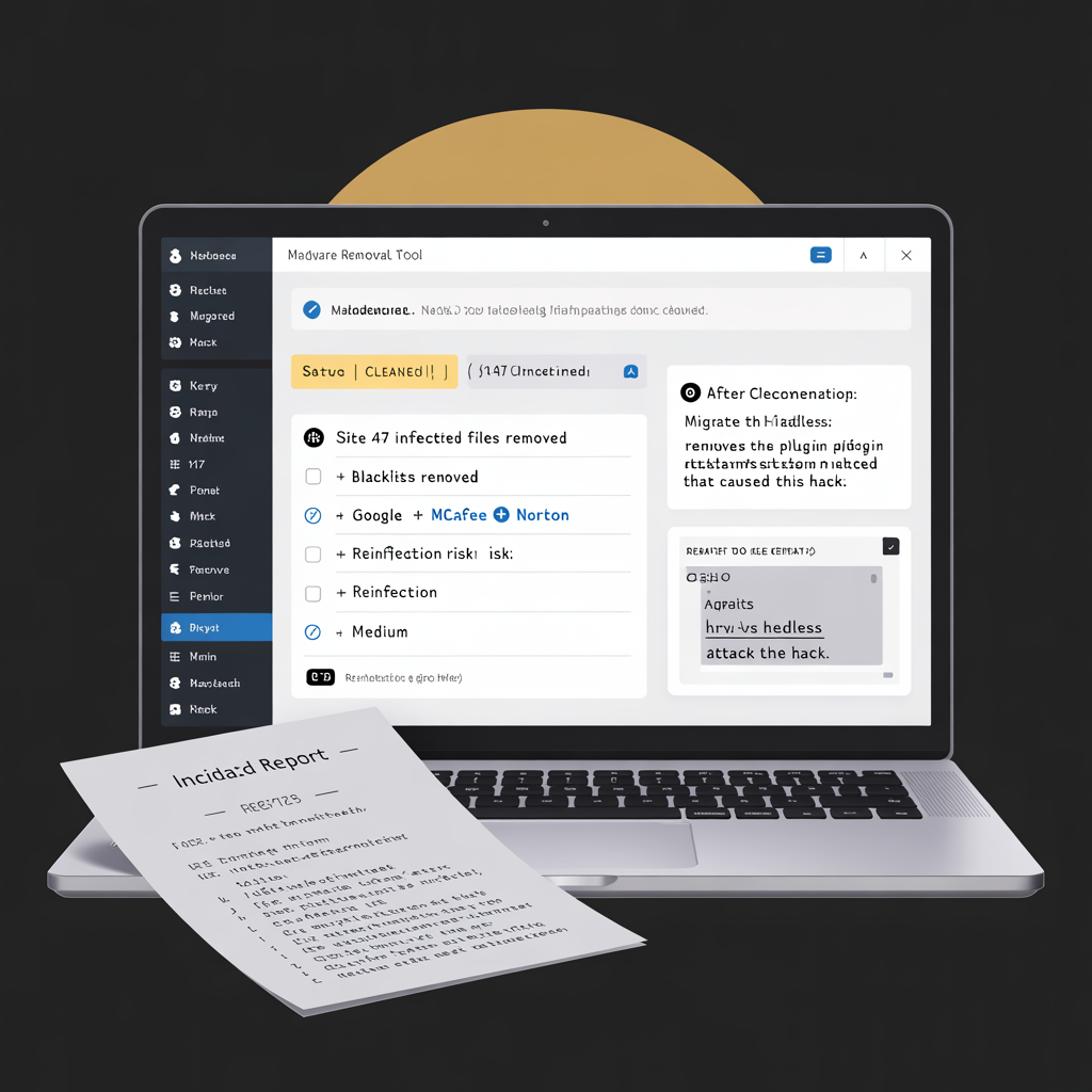 WordPress malware removal dashboard with Wordfence Sucuri scan plus migration recommendation
