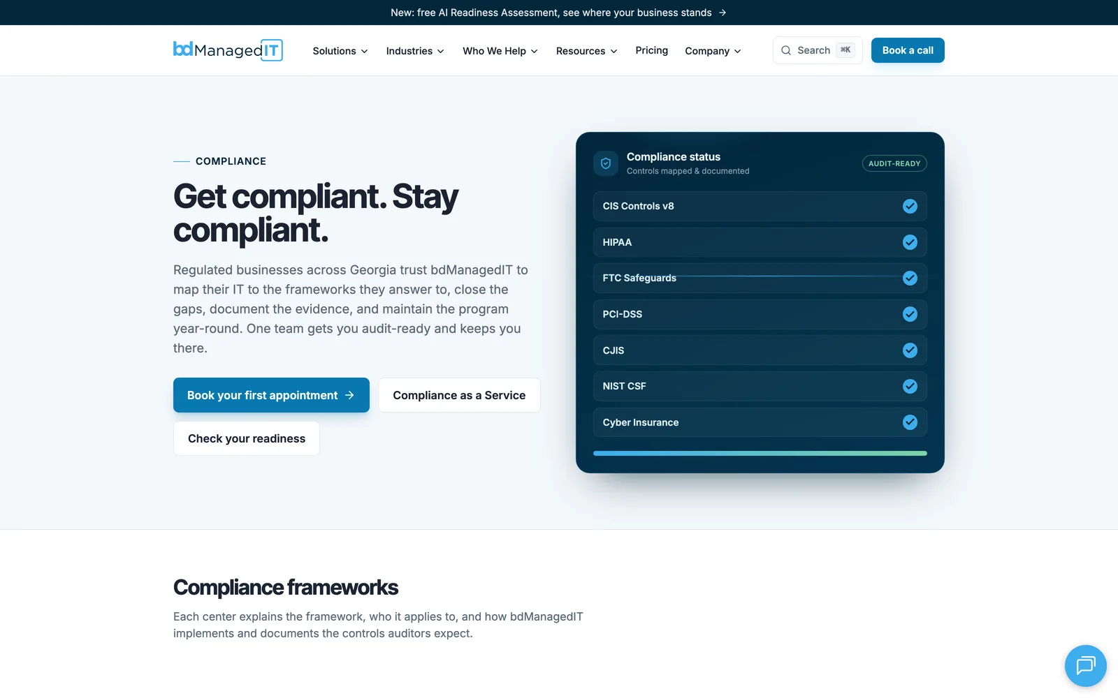 bdsupport.com compliance hub covering HIPAA, PCI-DSS, CJIS and SOX