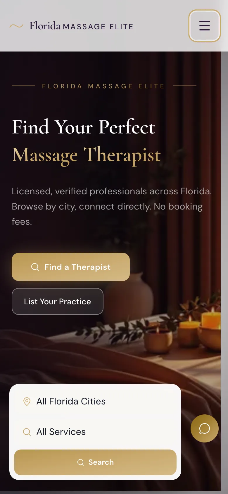 Florida Massage Elite homepage on mobile