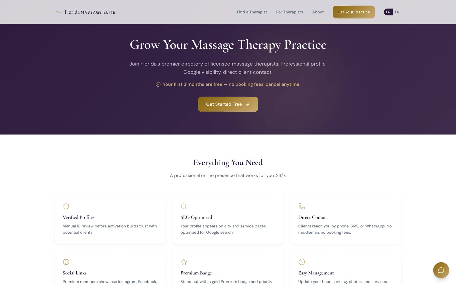 Florida Massage Elite self-serve therapist onboarding page
