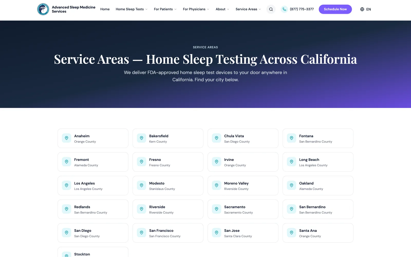 SleepDr locations hub linking the 20 city landing pages